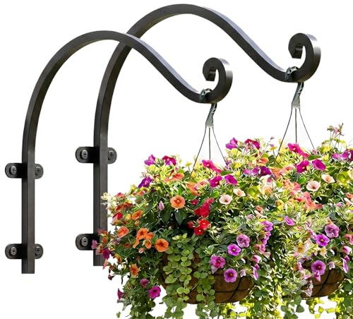 Evadow 2 Pack 16Inch Heavy Duty Outdoor Wall Hanging Basket Brackets, Black Metal Plant Hanger Hooks Garden Hanging Flower Basket Bracket for Planter Flower Hanger Bird Feeder Fence