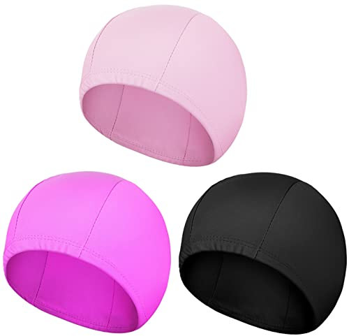 3 Cappelli da Nuoto Elastica Cuffie da Nuoto per Bambini Cuffie da Piscina per Capelli Lunghi Cuffia da Bagno in Tessuto Flessibile Impermeabile (Motivo Semplice, Nero, Rosa Rossa, Rosa)