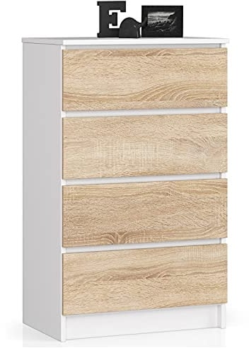AKORD Kommode K60 60 cm | 4 Schubladen | Schrank | für das Wohnzimmer | für das Schlafzimmer | B60 x H99 x T40 cm | Gewicht 29,90 kg | Weiß/Sonoma Eiche