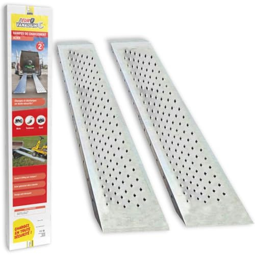 EURO VANADIUM Rampe de chargement acier 160 cm - Lot de 2 | Lot de 2 rampes acier galvanisé 160 x 22,5 cm, stries antidérapantes, plaque de stabilisation, charge max 400 kg