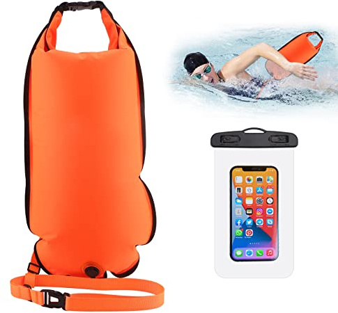Schwimmboje, 20L Trockensack, Zwei Kammern, Aufblasbare Schwimmhilfe mit Wasserdichter Handytasche, für Erwachsene, Freiwasserschwimmen, Triathlon, Schnorcheln, Ausbildung, Zubehör, Swim Bubble