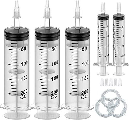 Spritze 200ml, Blasenspritze Plastikspritze Dosierspritze für Bremsenentlüfter, Futterspritze, Marinierspritze und Absaugspritze mit Schlauch (3, 200ml)
