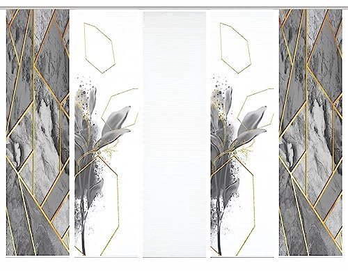 HOME in green 84058 | SIGNUM Schiebegardine recyceltes Polyester Bambusoptik 245x60, Farbe:grau, Größe:245 x 60 cm, Anzahl:5er Set (2X Bedruckt. 2X Bedruckt. 1x Uni)