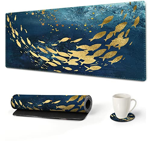 ArtSo Grand tapis de souris de jeu Van Gogh avec bords cousus étendus pour clavier, bureau, 89,2 x 40,9 cm, avec sous-verre, poisson doré