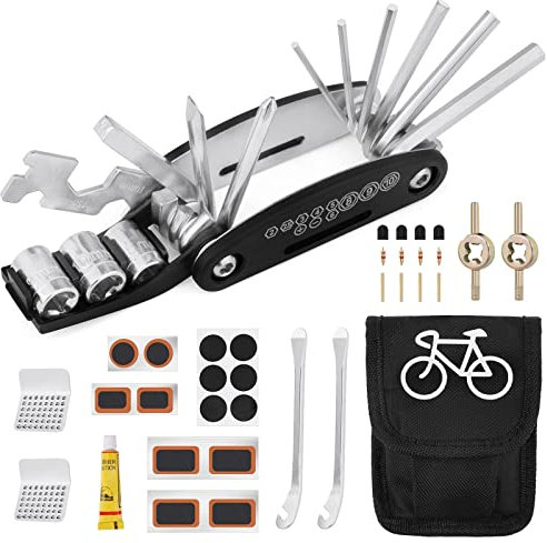 Ainiv 16-en-1 Outil Réparation Vélo, Multifonctionnel d'outils de vélo Pliable Portable Kit de Patch,leviers de Pneu,Outils Trousse de Fixation de Bicyclette,Vélo Réparation Sac Kits d'entret