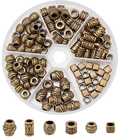 nbeads 110 Stück 6 Stile Legierung Europäische Perlen, Tibetische Dreadlock Perlen Bronze Spacers Antike Perlen Große Lochketten Haarperlen Für DIY Schmuckherstellung, Bohrung: 4~5.5 mm