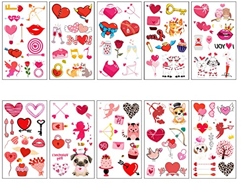 YAAVAAW Valentine's Day Temporary Tattoos for ,Adults,Teens,10 Sheets Lovers Tattoos Love Heart Flower Tattoos Face Body Stickers for Kids Birthday,Men,Wedding Valentine's Day Party Decorations
