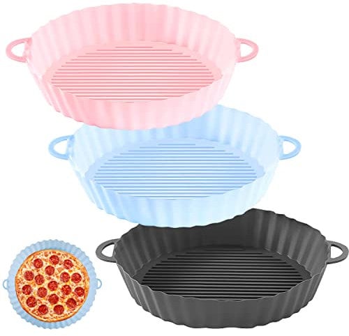 3 Piezas Olla de Silicona para Freidora de Aire 18 CM - Bandeja y Cesta Antiadherentes, Molde para Horno y Microondas