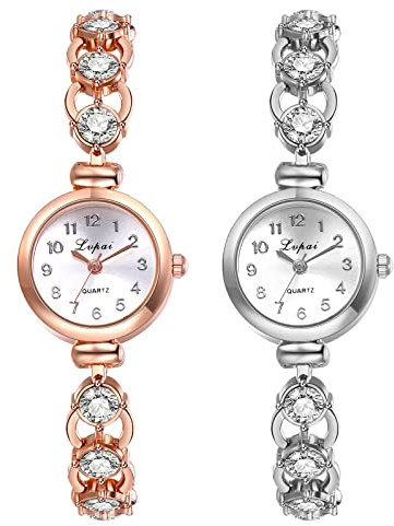 JewelryWe 2pcs Armbanduhr Damen Elegant Schmale Analog Quarz Beiläufige Uhr Damenuhr mit Strass Metall-Armband, Rosegold Silber