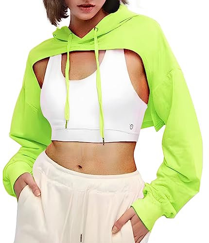 BEJONS Sudadera con Capucha de Manga Larga para Mujer, Estilo Punk, Hip Hop, Baile, Sexy, Tela para Rave, Verde Lima, XS