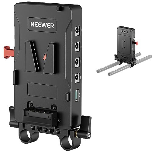 Neewer Piastra Batteria V Mount con Clip Asta 15mm, Splitter Alimentatore PD 60W Tipo C&Porta D Tap/DC15V, Compatibile con Fxlion Sony Batteria V Lock, Compatibile con SmallRig Video Rig,VB-A1