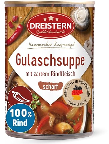 DREISTERN scharfe Gulaschsuppe 400g I Mit zartem Rindfleisch & Gemüse I Pikanter Eintopf in recyclebarer Konservendose I Lange Haltbarkeit dank natürlicher Konservierung I Hausmacher Qualität