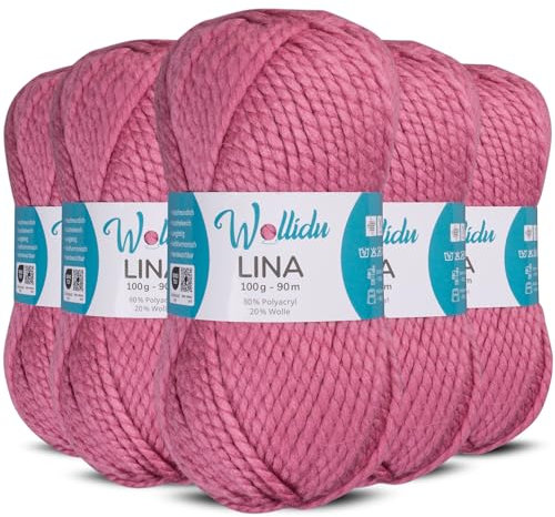 Wollidu Lina Wolle zum Stricken und Häkeln 500g 80% Polyacryl 20% Schafwolle Mulesing-frei Oeko-Tex 5x 100g/90m Häkelwolle/Strickwolle - Rosa