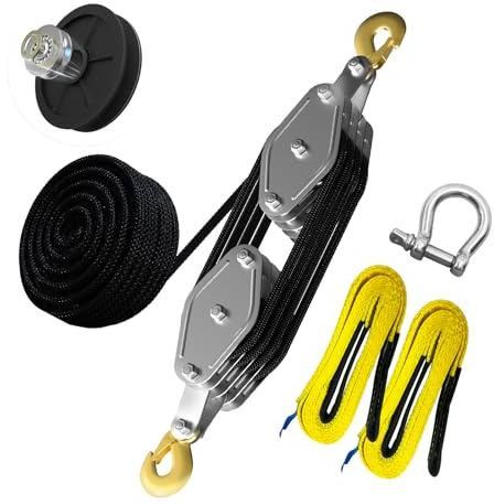 YATOINTO Upgraded Rope Hoist Pulley System, 4400LBS Block and Tackle with 304 Stainless Steel Shackle 2PCS Lift Sling, 8:1 Power 65ft Heavy Duty Pulley Block for Lifting Garage Warehouses Building