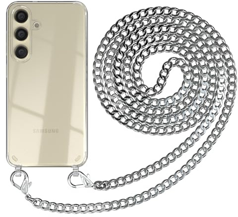 EAZY CASE Handykette kompatibel mit Samsung Galaxy S24 Handyhülle mit Metall Umhängeband und Ersatz Kordel schwarz, Handykordel mit Schutzhülle, Kette mit Smartphone Hülle, Metall – Silber