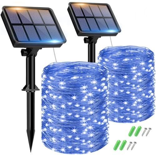 btfarm 2 Pack Solar String Lights Outdoor Garden Waterproof, 15M/50FT 150 LED Solar Powered Fairy Lights, 8 Modes Copper Wire Lights for Patio Yard Party Christmas Decorations, Blue
