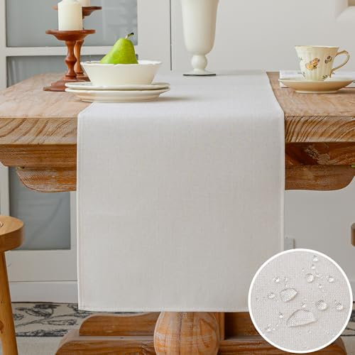 Vorysum Modern Wasserabweisend Leinen Tischdecke Abwaschbar Dekoration für Hochzeit Esszimmer Party Urlaub (Weiß, 33 x 183 cm)