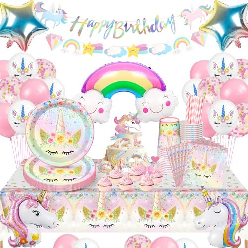 YIMAKJ 96 Pcs Decoration Anniversaire Licorne, Kit Anniversaire Fille, Licorne Vaisselle Kit Avec Ballons, Anniversaire Table Decoration, Comprenant Assiettes, Tasses, Serviettes, Pour 16 InvitéS