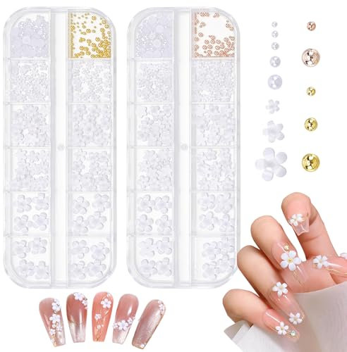 NICENEEDED 3D White Nail Flowers for Nail Art, Acrylic Flower Nail Charms with Gold Round Beads, Flat Resin Decals Nail Jewelry Accessories for Women DIY Nail Design