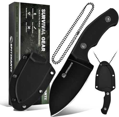 SPITZKANTE Neck Knife Messer P-DA, Kleines Messer Full Tang 5Cr14MoV Stahl, Feststehende Klinge 7, 1cm Klingenlänge mit ABS Scheide Kugelkette, Voll-Schwarz