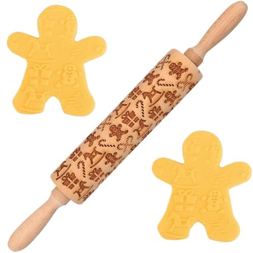 Weihnachts Nudelholz, Holz, 14 Zoll, geprägtes Nudelholz mit Lebkuchenmann und Zuckerstange, Geschenkbox & Schaukelpferd, zum Backen von Keksen, Kuchen, Weihnachts
