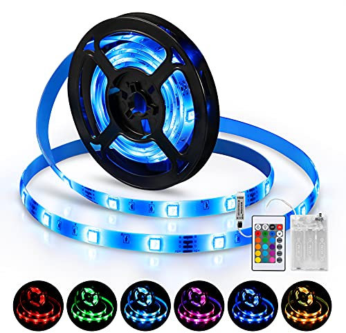 Criacr Led Strip Light Battery Powered, 2M TV Backlight with Remote Control, 16 Colours & 4 Light Modes, Memory Function, Waterproof Cuttable Led Light Strips for TV, Bedroom, Party Decoration