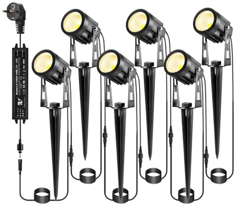 IRISECO Gartenbeleuchtung mit Strom, 6er 21m Gartenleuchte mit Erdspieß und Stecker, IP65 Wasserdicht Gartenstrahler Led Außen, Gartenstrahler Warmweiß COB Gartenlampe für Rasen, Haus, Hof