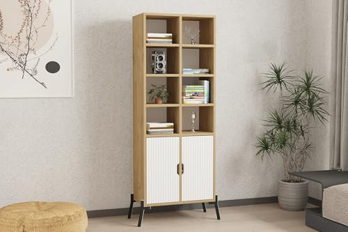 Hanah Home Scandinavian Bookshelf, Sapphire Oak & White, 58.6 x 30 x 160 cm | 100% Melamine Coated, MDF Membrane Door, Iron Legs | Stylish Storage Solution