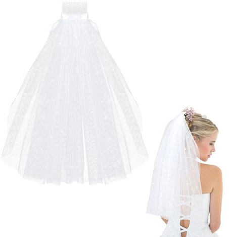 Schleier Jga, Schleier Braut mit Perlenverzierung Inspiriert vom Viktorianischen Brautstil, Braut Veil Stilvoll und elegant Weißer Transparenter Stoff mit Kamm für Junggesellinnenabschied