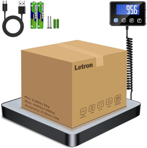 Postal Scales, 200kg/10g High Precision LCD Display Parcel Scales, Parcel Weighing Scales with Hold and Tare Function for Luggage, Package, Warehouse, 2 AAA Batteries and Charging Cable Included