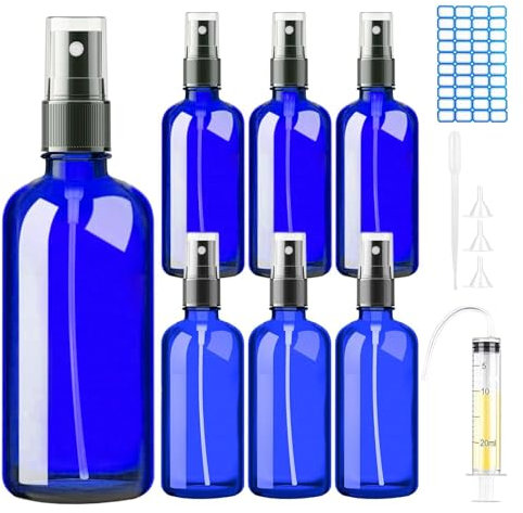 DONQL 100ml Empty Blue Glass Spray Bottles for Essential Oils, 6 PCS Empty Small Glass Spray Bottle, Small Fine Mist Spray Bottles, Atomiser Spray Bottle 100ml with 20ml syringe 3 funnels 1 pipette