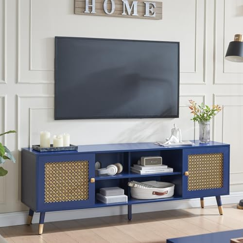 Centro de entretenimiento moderno de mediados de siglo, soporte de TV azul para televisores de hasta 75 pulgadas, muebles bohemios con armario de almacenamiento y estantes, centro multimedia de