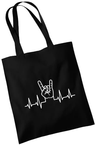 OM3 Heavy Metal Herzschlag Baumwolltasche Pommesgabel Motiv & Teufelsgruß - Festival Tasche für Metal Fans - Baumwollbeutel - Tasche - Lange Henkel - Schwarz