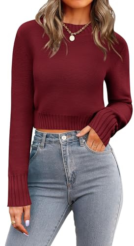 Zeagoo Womens Jumpers Long Sleeve Cropped Sweater Crew Neck Fall Knit Sweaters Ribbed Knit Crop Pullover Tops Red XS