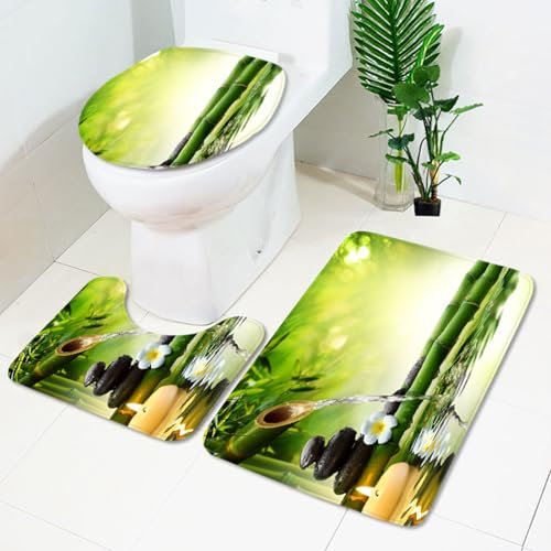 Tapis de Bain Set de 3 Eau De Bambou Vert Tapis WC Lavable Tapis Salle de Bain Tapis Toilette Forme de U Tapis Toilette WC Contour et Couverture de Toilette Tapis Absorbant 45x75 cm