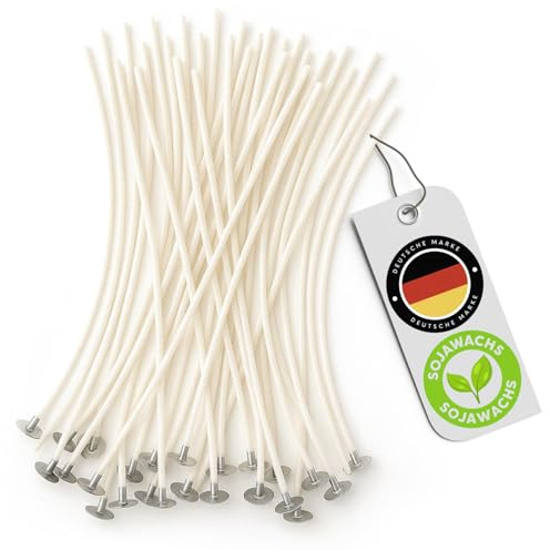 FALKENHORN® 200 Stück Kerzendochte 15 cm – Vorgewachst mit Sojawachs – Baumwolldocht mit Metallfuß – gleichmäßiges Brennen, DIY geeignet, ideal für große Kerzen