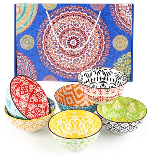 Qudubuy Set of 6 Bohemian Ceramic Tapas Bowls, 10oz/300ml 4.6 Hand Painted Serving Dishes for Rice Soup Fruit Dessert, Microwave Dishwasher Oven Safe, Gift Box for Housewarming Wedding