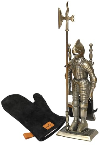 raik Kaminbesteck Set Ritter Kunibert 4-teilig inkl. Rindsleder Ofenhandschuh schwarz Kamingarnitur Gusseisen antike Messing-Optik für Reinigung und Bedienung von Kaminen Öfen Feuerstellen Holzöfen
