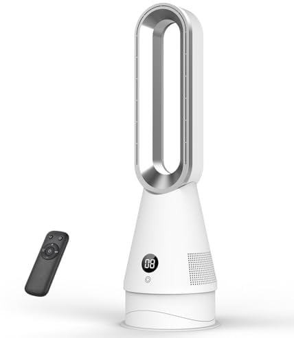 Ventilateur Sans Pale 2026,Ventilateur Colonne avec Télécommande, 8 Vitesses Ventilateur Silencieux Chambre et 2 Modes,Oscillation 90° + 30°,Minuterie 9H,Écran LED,Ventilateur Tour pour Salon & Bureau