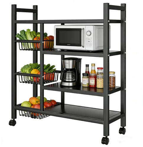Ruiqas 4-Tier Kitchen Storage Trolley on Wheels with 3 Removable Baskets | Carbon Steel, Adjustable Height, Heavy-Duty Mobile Utility Serving Cart, for Kitchen, Workshop, Balcony, 80x32x108cm