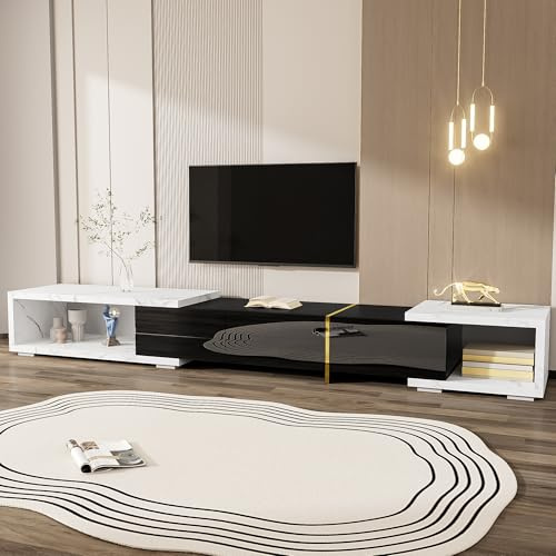 Meuble TV Moderne avec Longueur Réglable, Meuble de Salon Plateau en Marbre Blanc, Finition Noir et Ornements Dorés, Design Rotatif et Grand Espace de Rangement