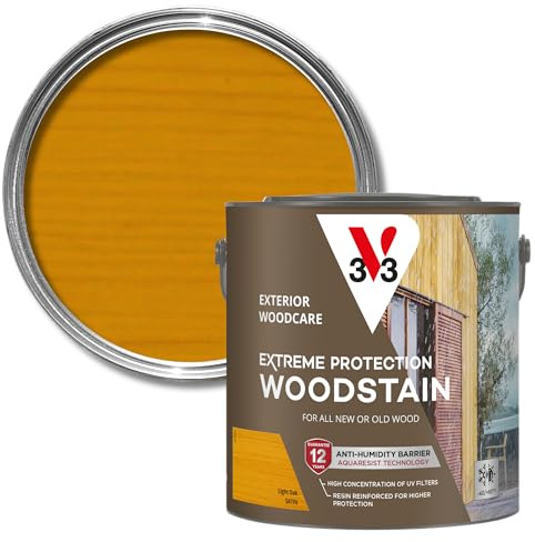 V33 Extreme Protection Woodstain for Exterior Wood, Light Oak Satin, 2.5L | 12-year guarantee, Water-based formula, Waterproof barrier, UV resistant technology, Non-drip formula, For new & treated wood