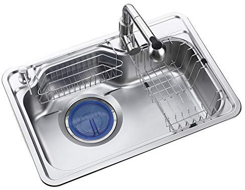 HomeLava Fregadero Cocina un Seno,Fregadero de Cocina de 304 Acero Inoxidable Montaje Sobre encimera, Fregadero Grande de con Desagüe Sifón Giratorio y Antiolor Puede (68 x 46 x 21 cm, grifo incluido)