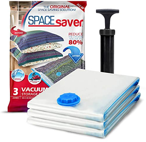 Spacesaver Hochwertige Vakuumbeutel für Kleidung, 80% mehr Stauraum Vakuum Aufbewahrungsbeutel mit Reise Pumpe Doppelreißverschluss und Dreifachdichtung, maximale Platzersparnis Jumbo-Größe 3 Pack