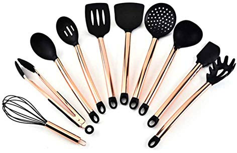 YAYY 10 PCs Cooking Kitchen Utensils Set Copper Plated Handle Silicone Kitchenware Nonstick Cooking Shovel Spoon Kitchen Tool Set Silicone