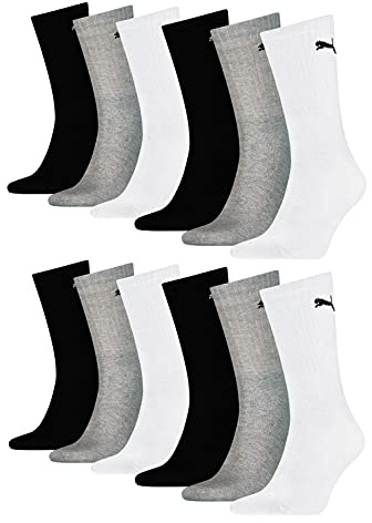 PUMA unisex Sportsocken Tennissocken Freizeitsocken Sport Crew 7312 12 Paar, Farbe:Mehrfarbig, Menge:12 Paar (4x 3er Pack), Größe:35-38, Artikel:-325 white / grey / black