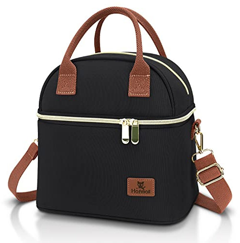 Hafmall Insulated Lunch Bag for Women Men, 9L Dual Compartment Lunch Cool Bag for Adults, Pack Lunch Bag with Shoulder Straps for Work, School, Black