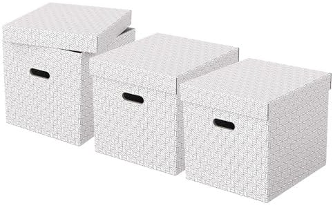 Esselte 3er Set große würfelförmige Aufbewahrungsboxen mit Deckel, Schachteln für Wohnung/Büro & Organisationszwecke, 100% recycelter Karton, 100% recycelbar, geometrische Designs, Weiß, 628288
