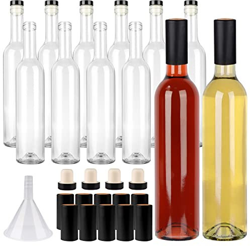 GUANENA 12 Pack 16oz Clear Glass Bottles with Cork Lids and PVC Shrink Capsules, 500 ml Empty Home Brewing Wine Bottles with Funnel for Sparkling Wine, Juice, Kombucha, Beverages