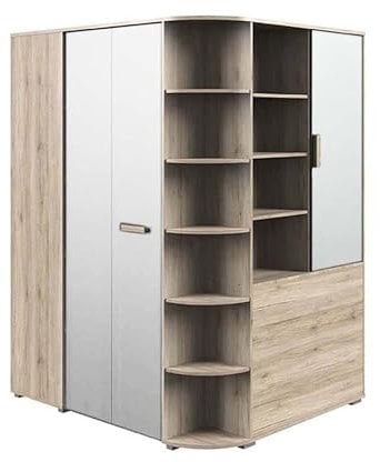 Froschkönig24 Cariba Eckschrank Kleiderschrank mit Falttüren,begehbar San Remo-Eiche Weiß